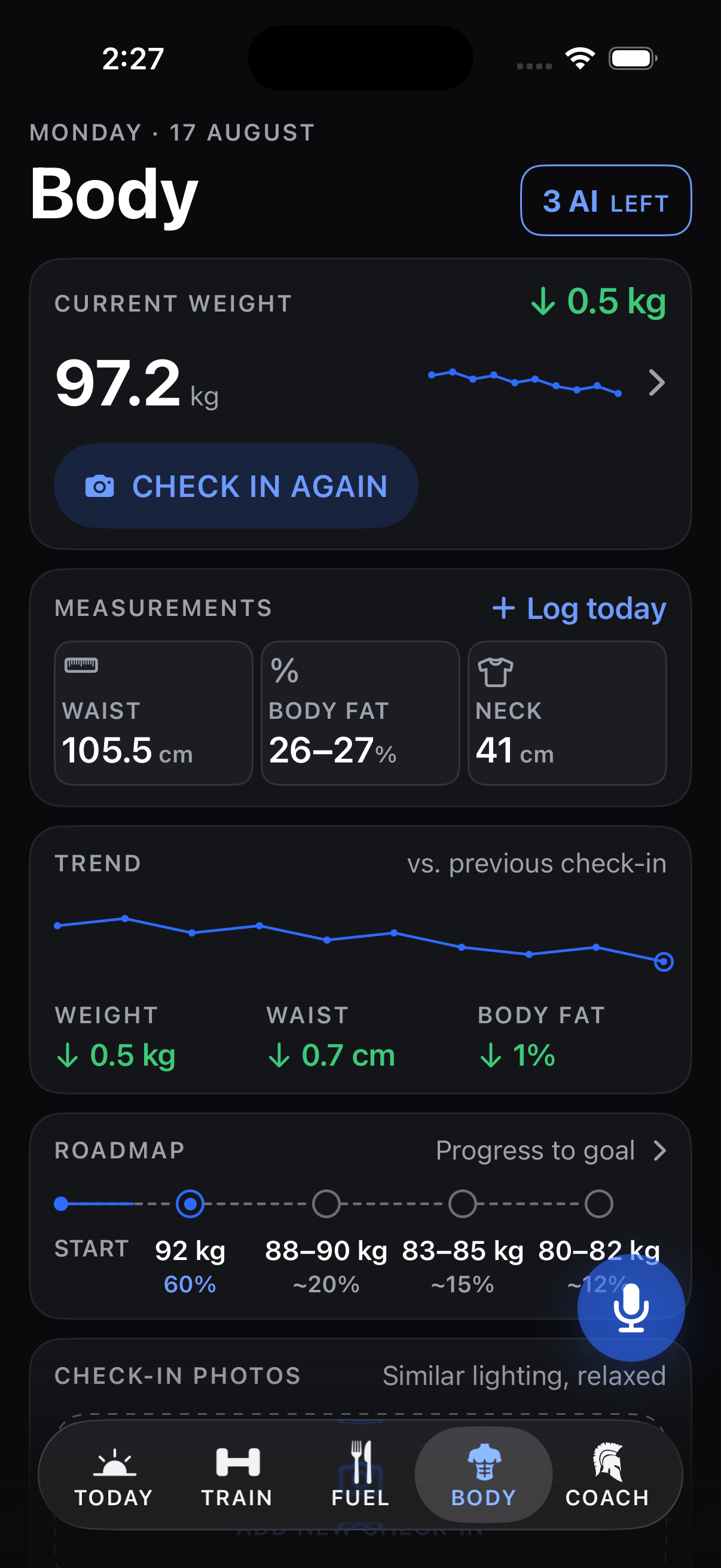 The Body tab showing the weight trend and check-in photos