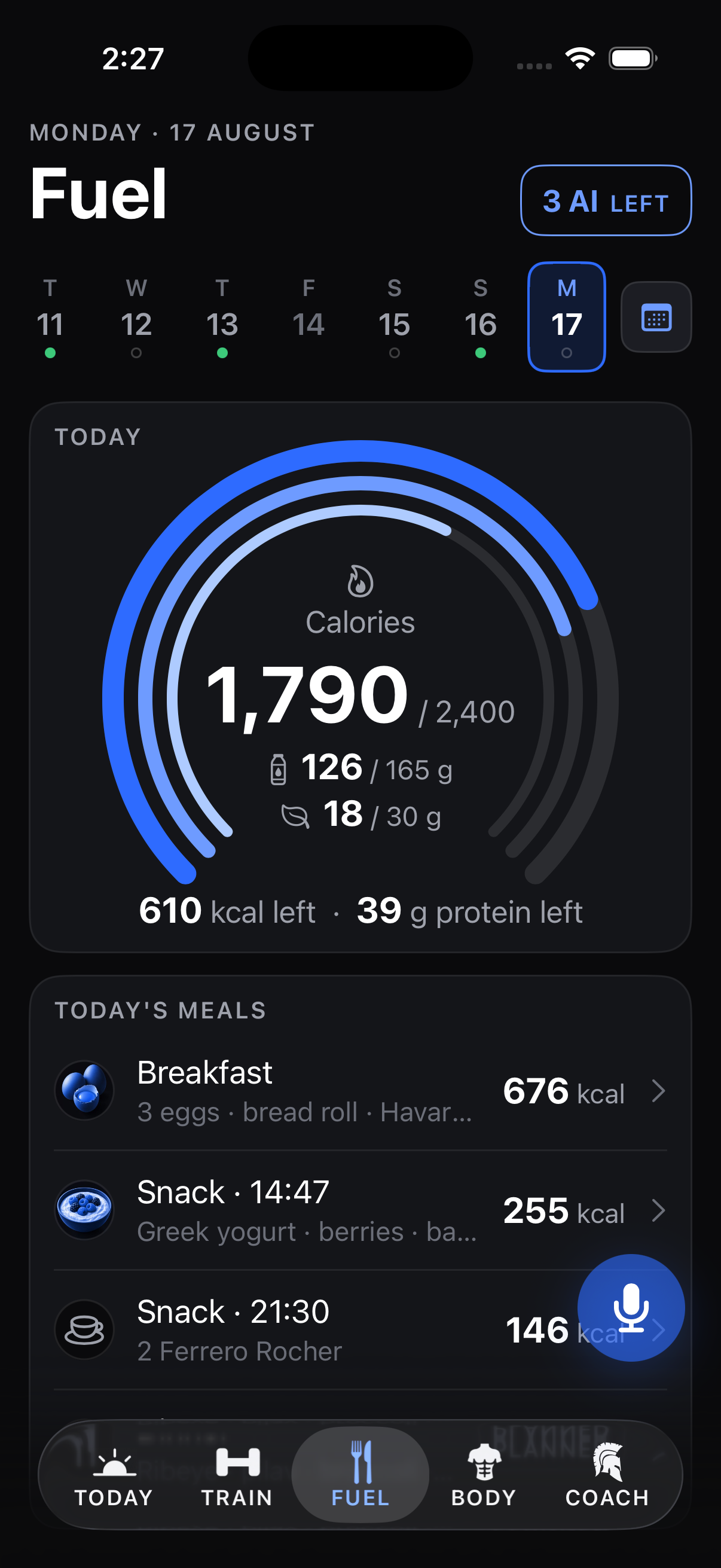 The Fuel tab showing calories and protein against the day targets